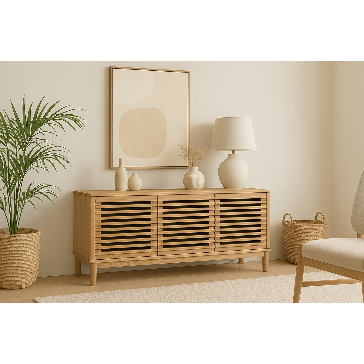 Console multimediale in legno cenere a tre porte con tanner in lino