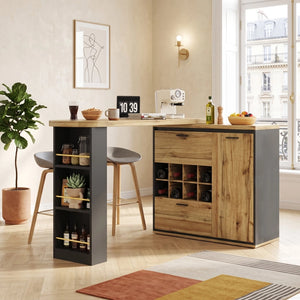 Tavolo da bar girevole allungabile effetto legno, cassetti, portabottiglie, ripiani integrati 138-220 cm LAMP SET
