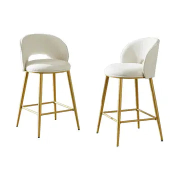 Set di 2 sgabelli da bar in ciniglia beige con schienale traforato, piedi dorati FLAREKAEL