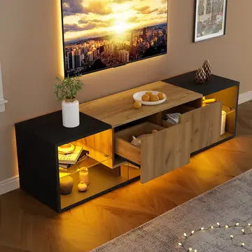 Mobile TV effetto legno e nero con illuminazione LED, piano in vetro 160x40x42cm CYCLOID