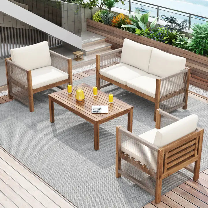 Set da giardino in rattan beige, composto da 4 pezzi con cuscini confortevoli, legno di acacia TESCODS