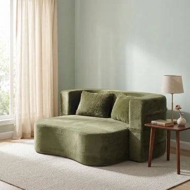 Divano letto 2 posti convertibile curvo in velluto verde oliva 180x55cm, senza montaggio CASCADERIFTZ MINIMO 2 PEZZI