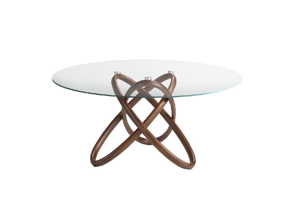DINING TABLE IN TEMPERED GLASS AND WALNUT COLORED SOLID WOOD 