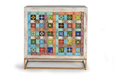 CREDENZA IN LEGNO DI MANGO A 2 ANTE CON PARTICOLARI IN MAIOLICA