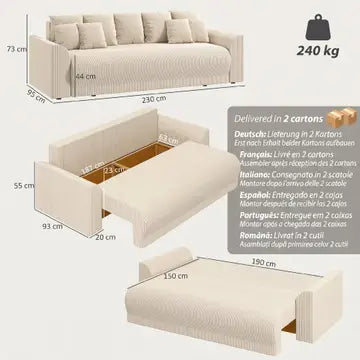 Divano letto 190x150 cm, 3 posti con funzione letto, beige minimo 2 pezzi