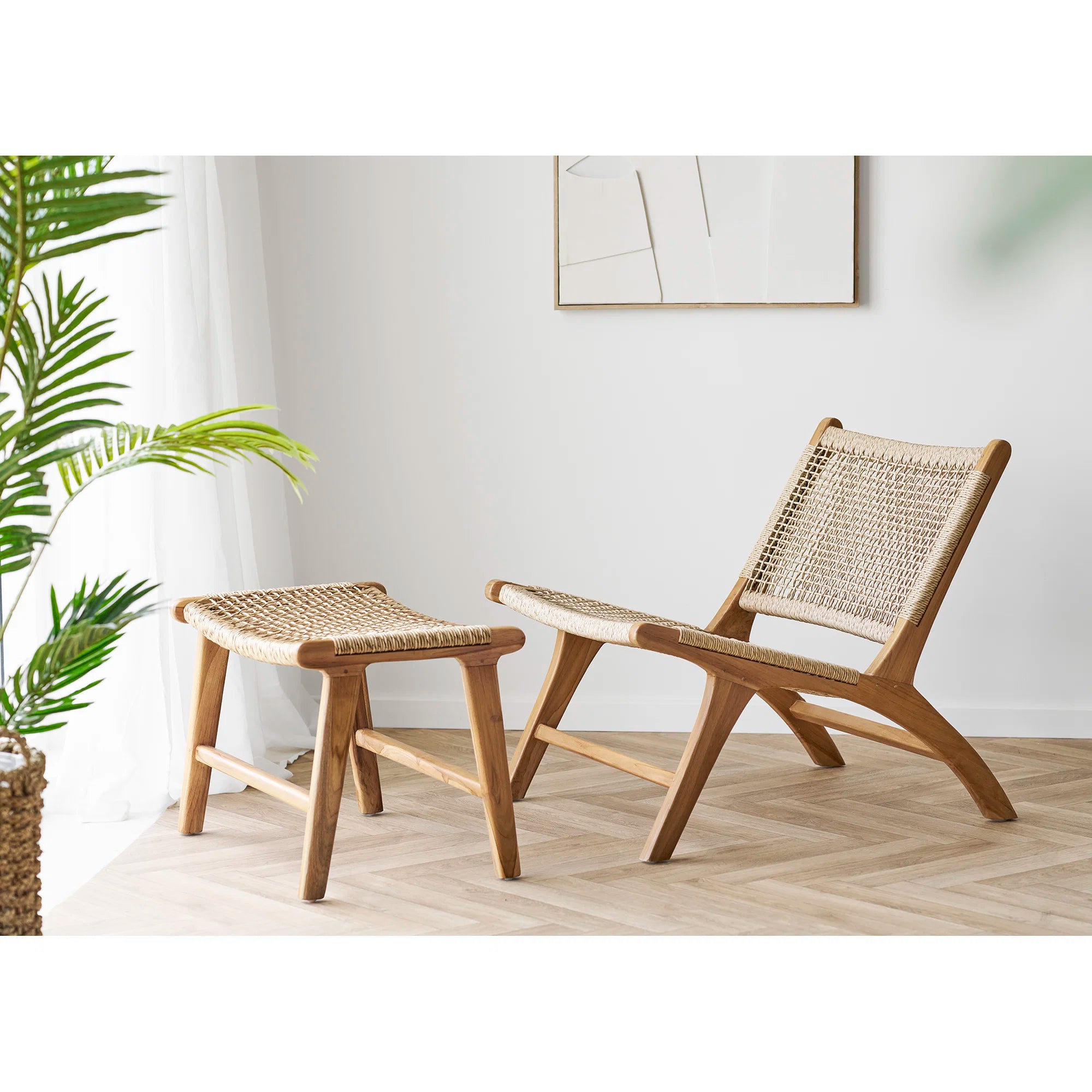 Lounge chair and foot rest, teak/PE Rattan, natural Derby