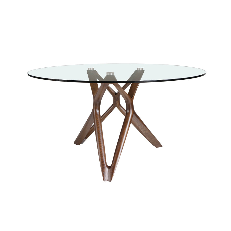 ROUND GLASS DINING TABLE WITH WOODEN LEGS. 