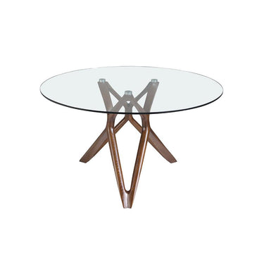 MESA DE COMEDOR REDONDA DE CRISTAL CON PATAS DE MADERA. 