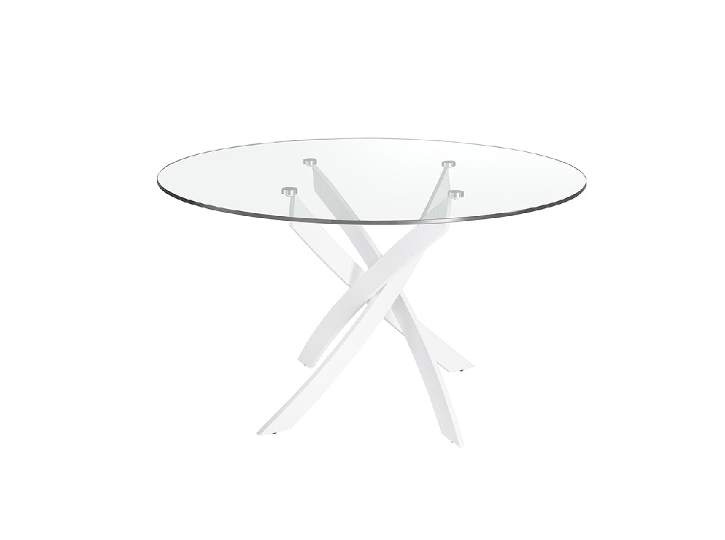 MESA DE COMEDOR REDONDA EN VIDRIO TEMPLADO Y ACERO INOXIDABLE BLANCO O CROMADO 