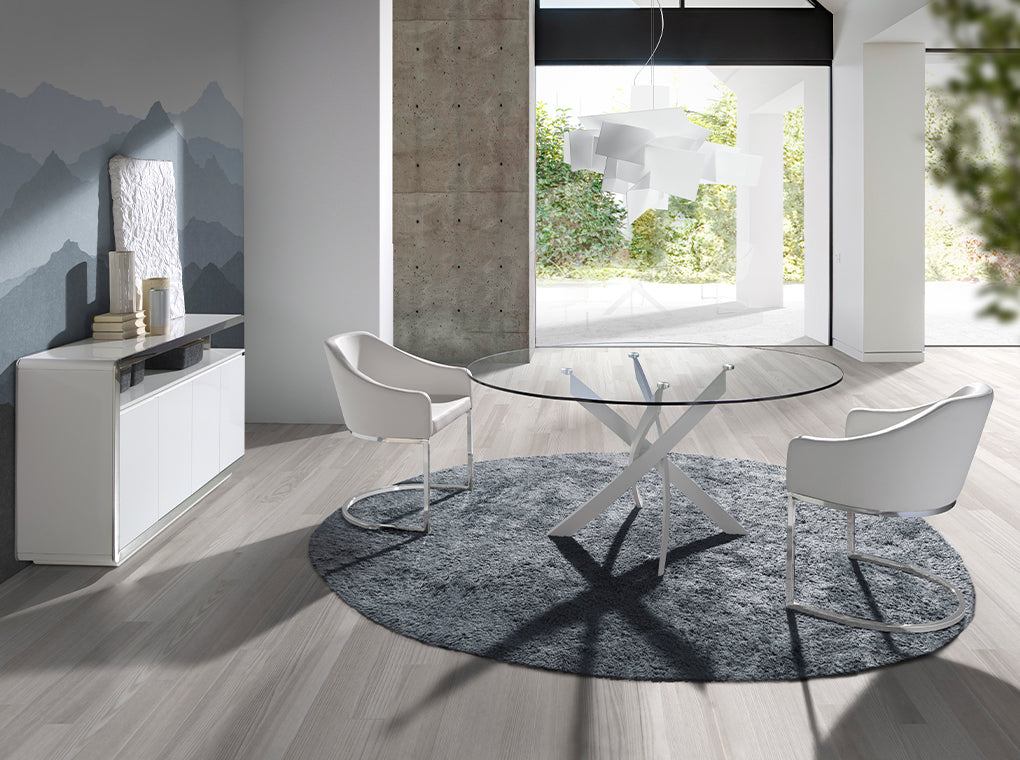 ROUND DINING TABLE IN TEMPERED GLASS AND WHITE OR CHROME STAINLESS STEEL 