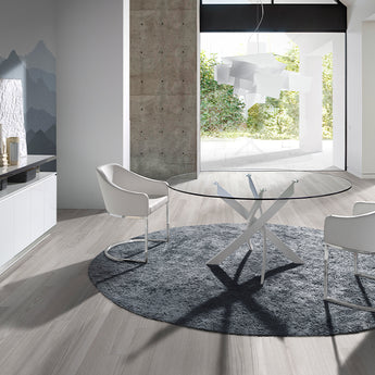 ROUND DINING TABLE IN TEMPERED GLASS AND WHITE OR CHROME STAINLESS STEEL 