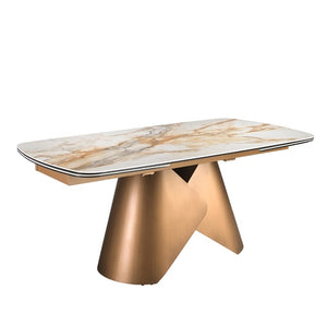Tavolo da pranzo allungabile ovale a botte in marmo porcellanato e struttura in acciaio color bronzo