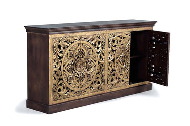 CREDENZA IN LEGNO DI MANGO INTAGLIATO A MANO CON 4 ANTE RICOPERTE DI FOGLIA D'ORO 1263