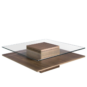 SQUARE TABLE IN TEMPERED GLASS AND WALNUT WOOD 