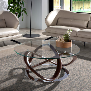 ROUND TABLE IN TEMPERED GLASS AND SOLID WALNUT WOOD