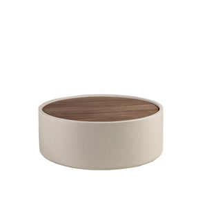 Tavolino da caffè rotondo in noce e legno rivestito in similpelle color sabbia