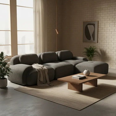 Divano angolare modulabile 3 posti in velluto a coste grigio con braccioli curvi, comfort premium, senza montaggio QUASARLOTH