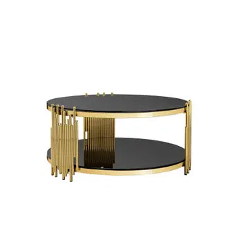 Tavolino rotondo in vetro temperato nero a 2 piani, base in acciaio dorato 80x80 cm DANCINGDAWN MINIMO 2 PZ