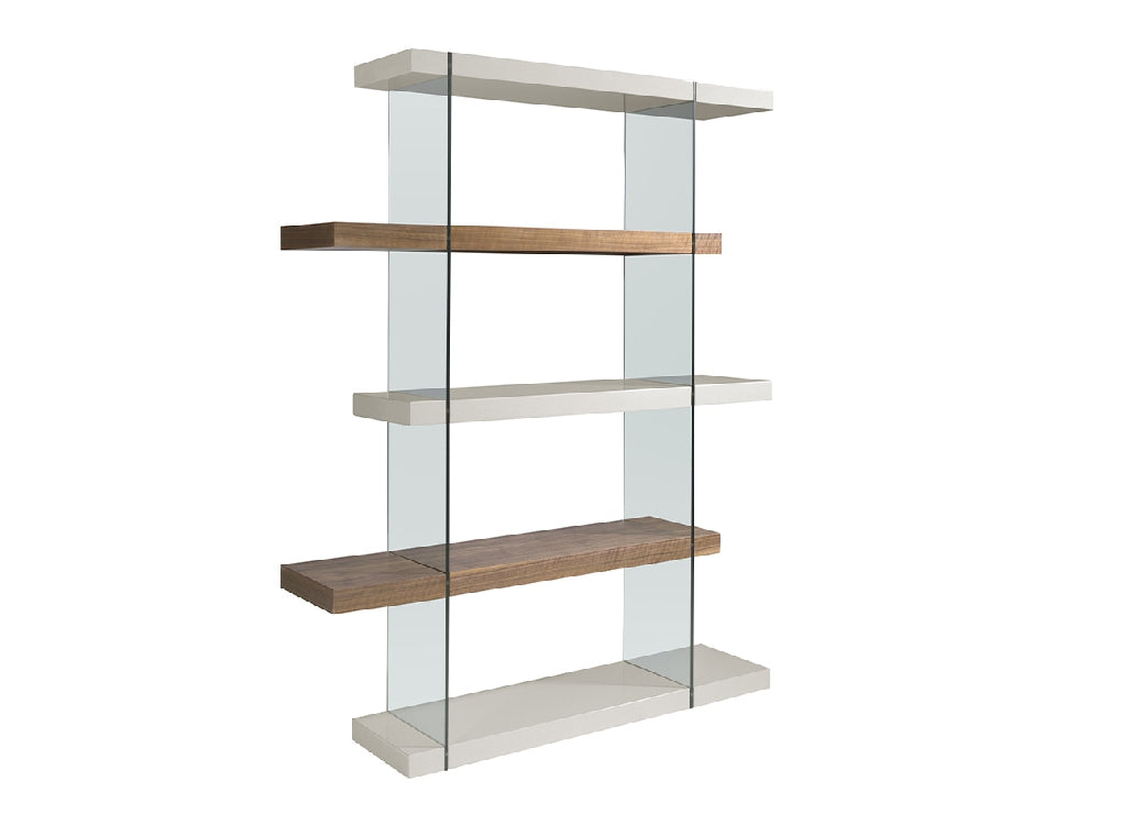 TEMPERED GLASS BOOKCASE WITH WALNUT AND PEARL GRAY WOODEN SHELVES