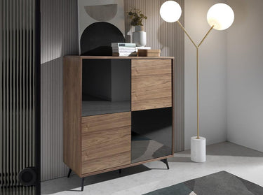 CREDENZA IN LEGNO DI NOCE E ANTE IN VETRO NERO A SPECCHIO - ELIARREDA