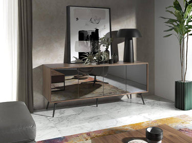 CREDENZA IN LEGNO DI NOCE E ANTE IN VETRO NERO A SPECCHIO - ELIARREDA