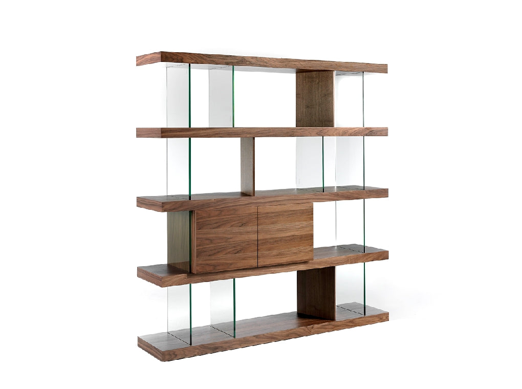 BOOKCASE IN WALNUT WOOD AND BLACK TRANSLUCENT GLASS