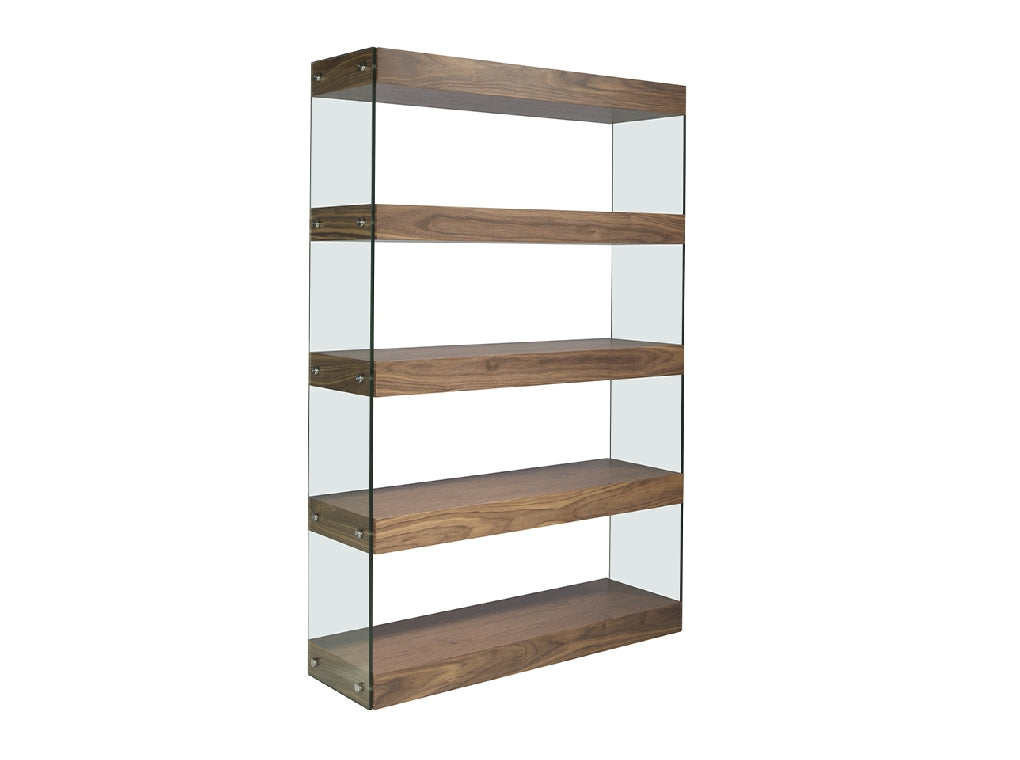 BOOKCASE IN WALNUT COLORED WOOD AND TEMPERED GLASS