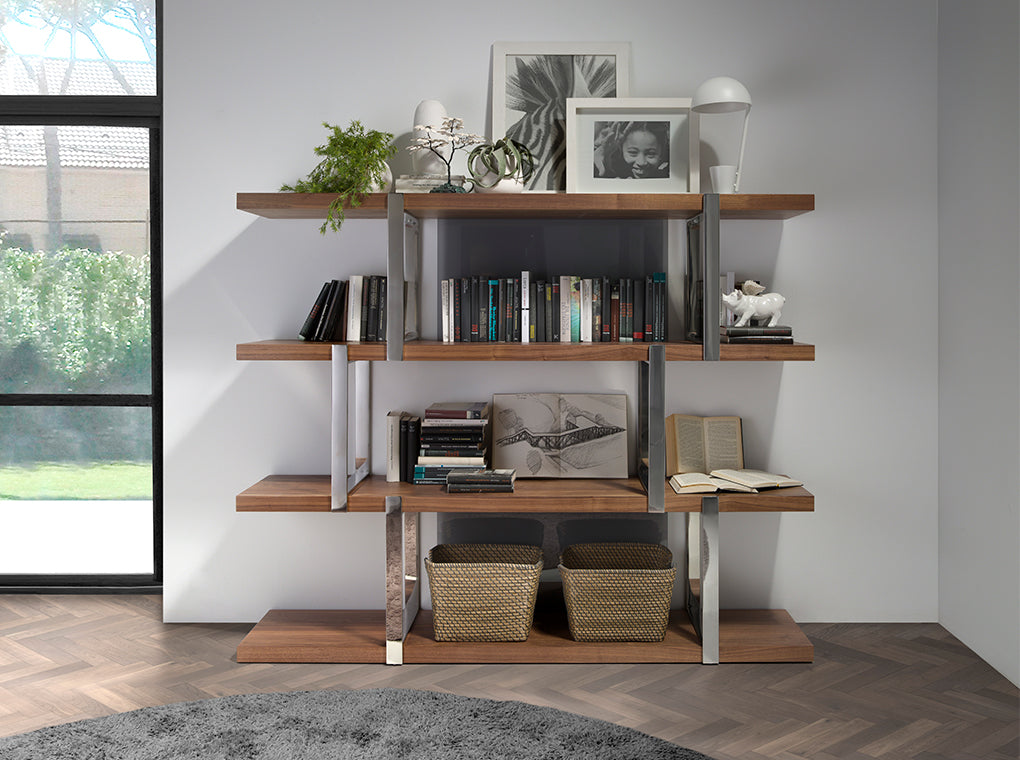 BOOKCASE IN WALNUT WOOD AND BLACK TRANSLUCENT GLASS 