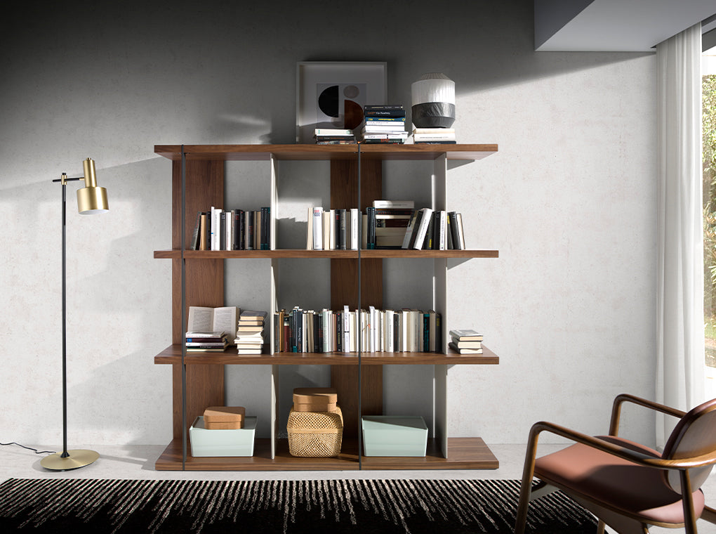 BOOKCASE IN WALNUT WOOD WITH LACQUERED SIDES AND BLACK STEEL 