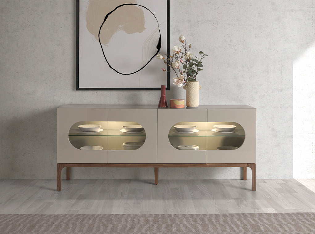 GRAY AND WALNUT WOOD SIDEBOARD WITH INTERNAL LIGHTING 
