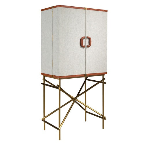 Credenza alta, tessuto, noce e acciaio lucido dorato