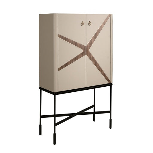 Credenza alta in similpelle, noce e acciaio nero