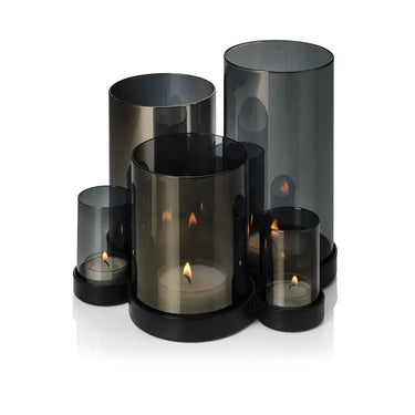 Portacandele Lichtermeer con tubi in vetro specchiato e base in acciaio nero