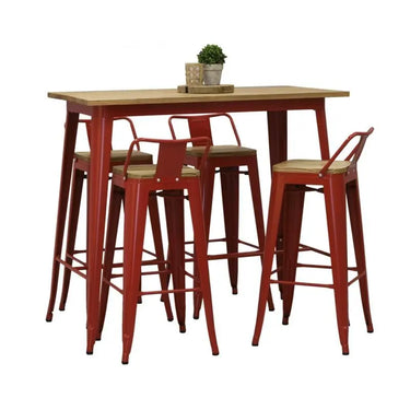 Sgabello bar in metallo rosso e legno olmo oliato-NTB2420
