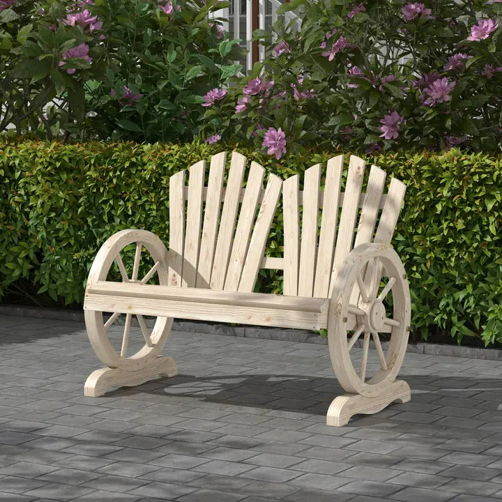 Panchina da giardino, design a ruota di carro, per 2 persone, legno naturale