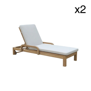Set di 2 lettini prendisole SAONA con ruote, realizzati in legno massello di acacia e cuscini beige