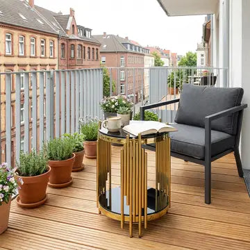 Tavolino d'appoggio rotondo in vetro nero con gambe dorate in acciaio inox MINIMO 2 PZ