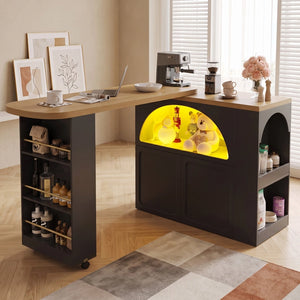 Isola da cucina tavolo bar girevole estensibile nero con illuminazione a LED e ruote LAMP RESIN
