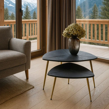 Set di 2 tavolini da caffè in fibra di legno con gambe in metallo oro opaco, alti 30 cm e 40 cm, SAKURA
