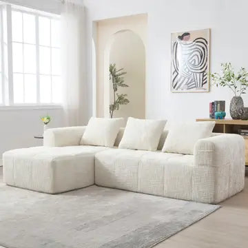 Divano ad angolo 3 posti in ciniglia beige con chaise longue e tasche laterali senza montaggio VERTEXVYNRAK