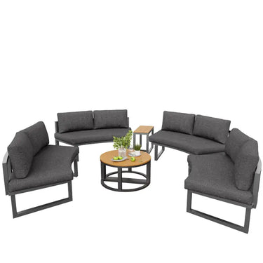 Salotto da giardino in rattan intrecciato 6-7 persone beige, divano ad angolo, tavolino effetto marmo grigSalotto da giardino modulabile grigio per 4-6 persone con 3 tavolini bassi e cuscini INFINITEMORNio, cuscini inclusi INFINITEKORR (Copia)