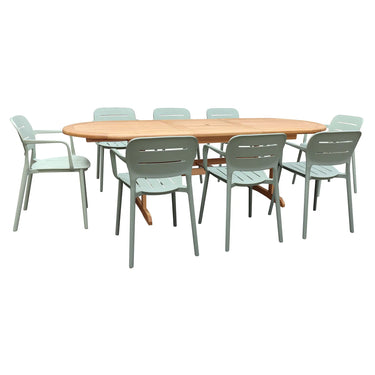 SET DA GIARDINO CON TAVOLO OVALE IN LEGNO 180-240CM E 8 POLTRONE SUMSET IN POLIPROPILENE VERDE