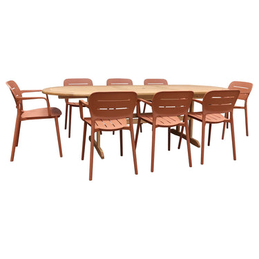 SET DA GIARDINO CON TAVOLO OVALE IN LEGNO 180-240CM CON 8 POLTRONE IN POLIPROPILENE TERRACOTTA SUMSET