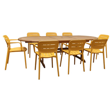 SET DA GIARDINO CON TAVOLO OVALE IN LEGNO 180-240 CM E 8 POLTRONE SUMSET IN POLIPROPILENE GIALLO