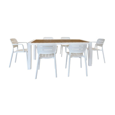 SET DA GIARDINO COMPOSTO DA TAVOLO IN POLIWOOD E METALLO BIANCO DA 230 CM CON 8 POLTRONE BASUN IN POLIPROPILENE BIANCO