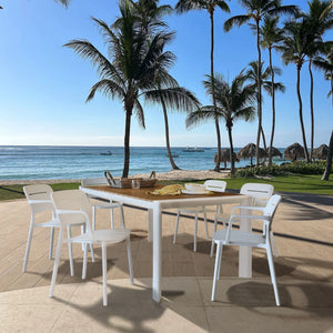 SET DA GIARDINO COMPOSTO DA TAVOLO IN POLIPROPILENE 180CM E GAMBA IN METALLO BIANCO CON 6 POLTRONE BASUN IN POLIPROPILENE BIANCO