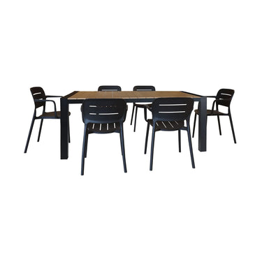SET DA GIARDINO CON TAVOLO IN POLIPROPILENE DA 180 CM E GAMBA IN METALLO NERO CON 6 POLTRONE BASUN IN POLIPROPILENE NERO