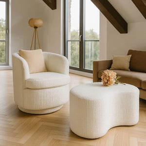 Poltrona girevole in tessuto bouclé ecrù 73.5x73x77cm MALO