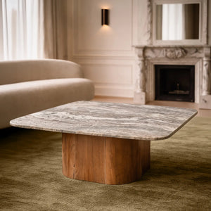 Tavolino da caffè BERGEN in marmo grigio con gambe in legno di acacia 80x80x36cm