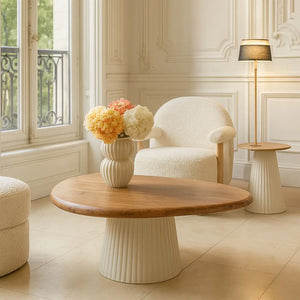 Tavolino MALMO in legno di acacia con gambe in metallo ecru opaco, 90x73x33cm